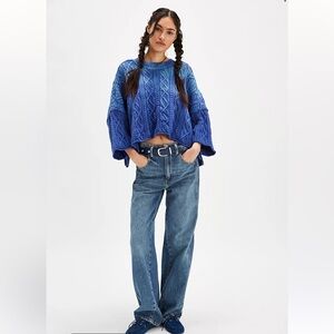 NWT Free People Washed Ashore Cable Stitch Cotton Sweater Bellweather Blue Sz Sm